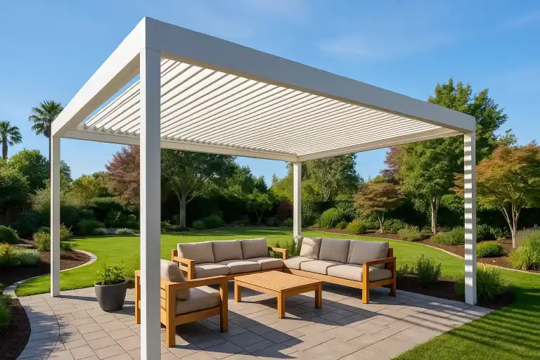 Modern backyard with louvered patio cover and shaded seating area