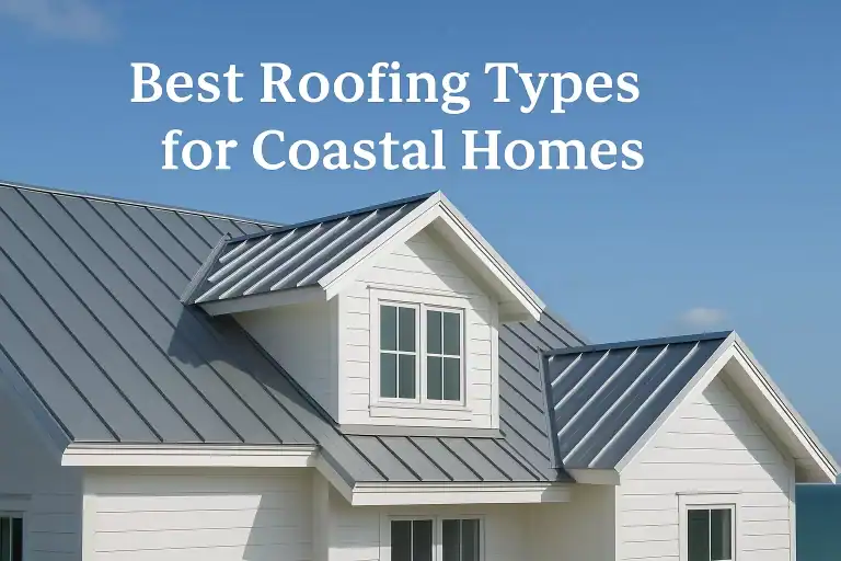 Coastal home with modern metal roofing under a blue sky