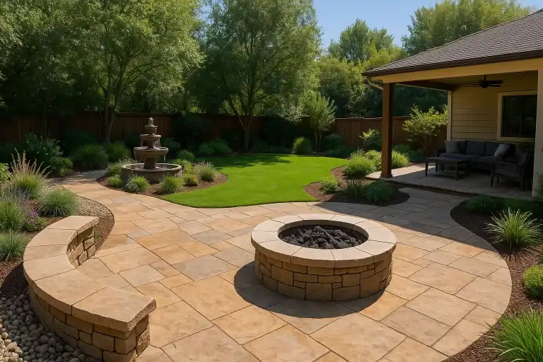 Backyard retreat with fire pit, fountain, stone patio, and covered seating area surrounded by greenery
