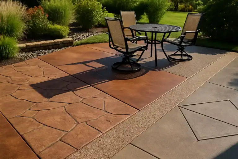 Decorative concrete patio with stamped, stained, and textured finishes surrounded by lush landscaping