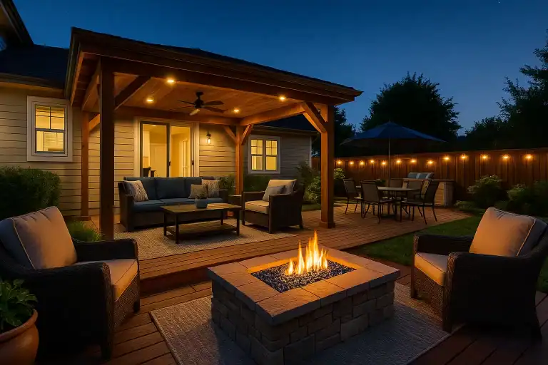 Outdoor living space at dusk with lighting, deck furniture, and landscaping