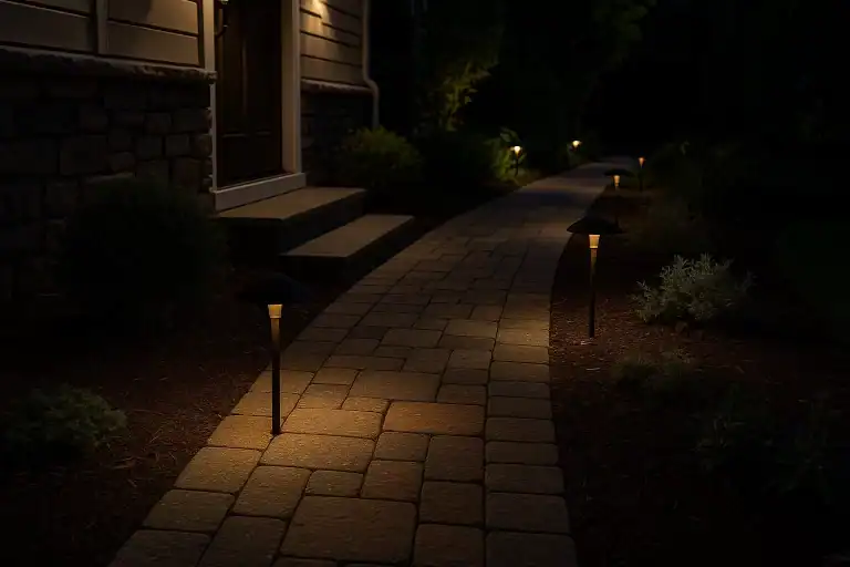 Outdoor walkway lighting at night with low-voltage lights lining a stone path