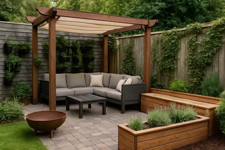 Small backyard patio with modern cover, cozy seating and greenery