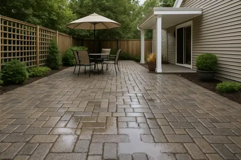 Suburban backyard with permeable paver driveway and surrounding greenery
