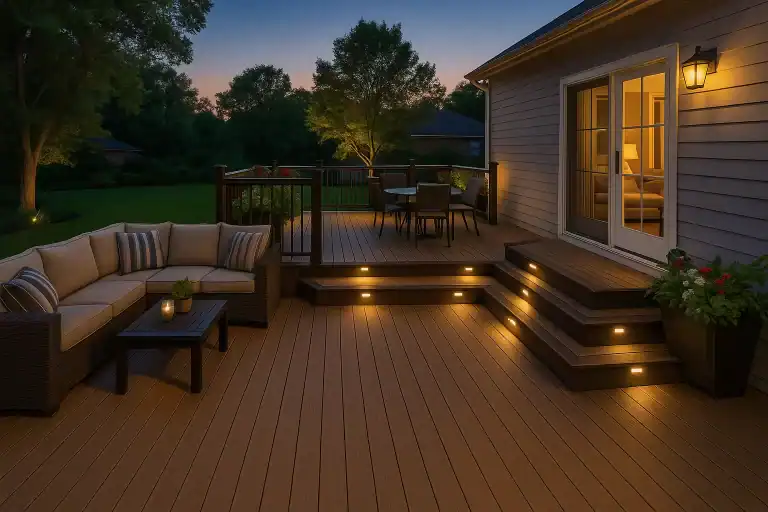 Modern backyard deck with Trex decking in neutral tones