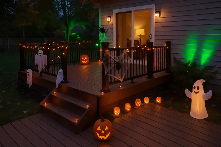 Halloween-decorated Trex decking with jack-o'-lanterns, ghosts, and orange lights at twilight